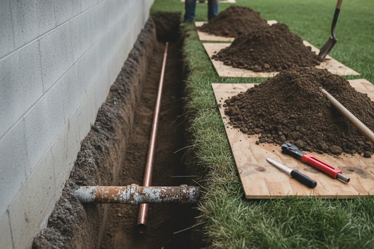 Excavated water line trench during Sewer Line Repair in Stahlstown